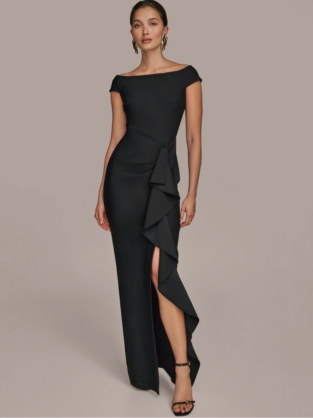 Donna Karan New York Off-Shoulder Black Ruffle Column Dress